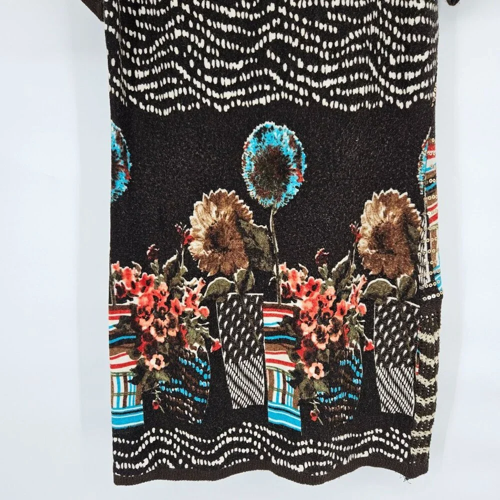 P. Luca Milano Midi Knit Dress Medium Brown Floral Sequin Bling Short Sleeve - Picture 9 of 11